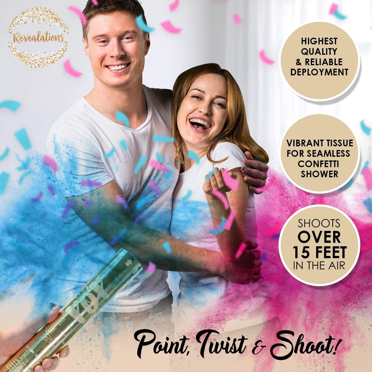 ConfettiGo Geschlechtsenthüllungs-Konfettikanone mit Handkurbel - Blau & Rosa für Baby-Shower